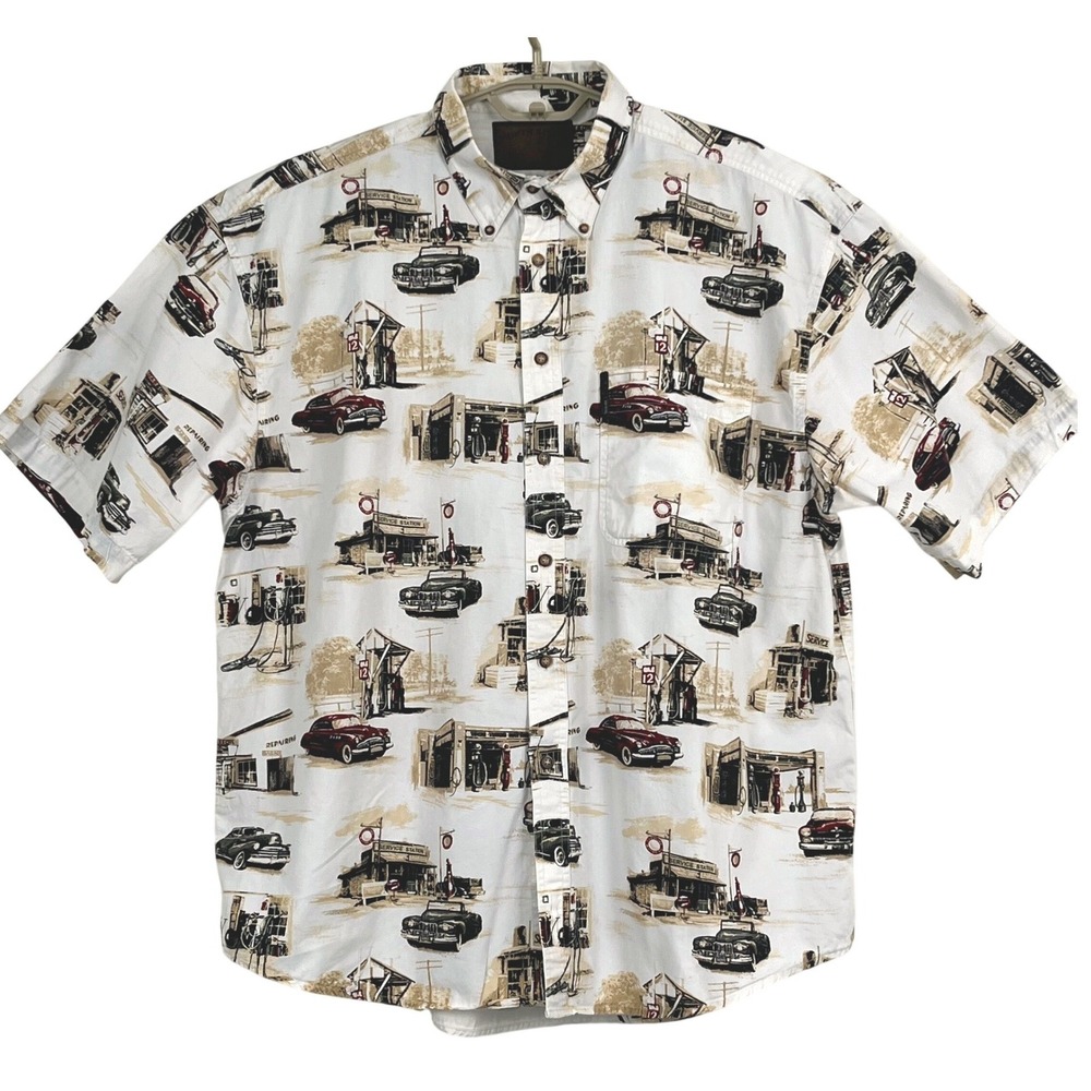 North River Button Down Shirt XL Cream Vintage Cars Gas Station Print Americana
